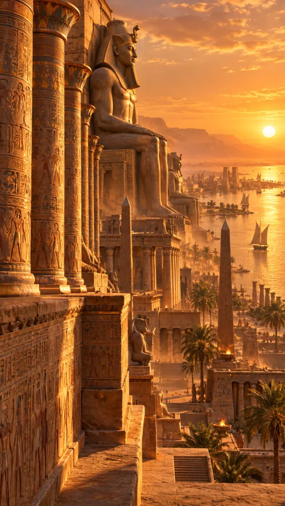 History-themed faceless reels concept: an ancient Egyptian temple beside the Nile