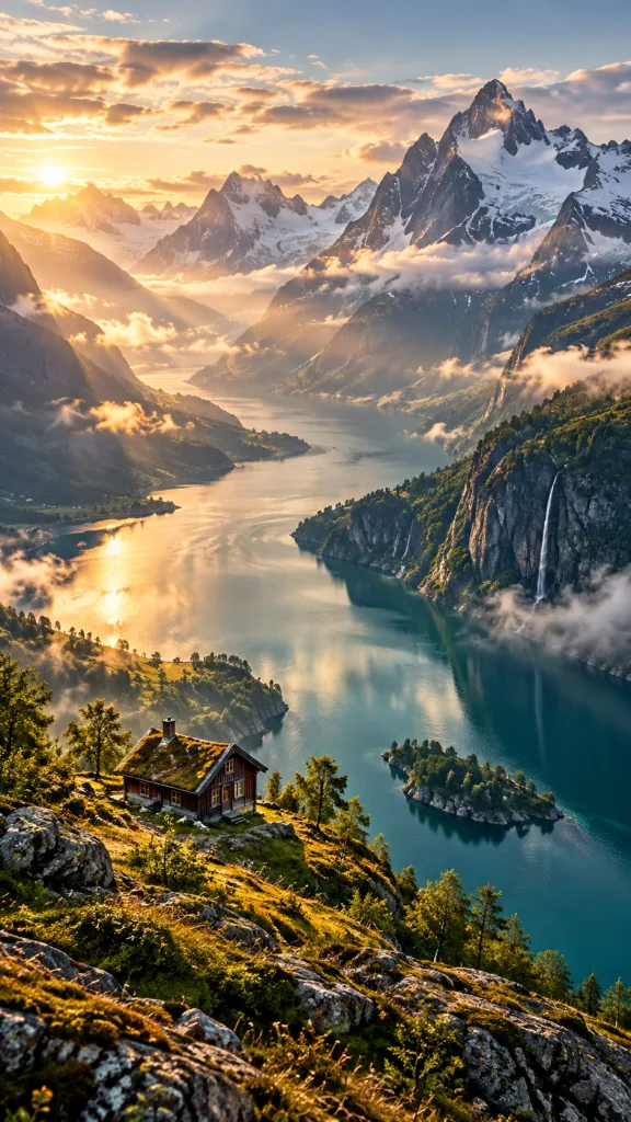 Travel-themed faceless reels concept: a cabin above a Norwegian fjord
