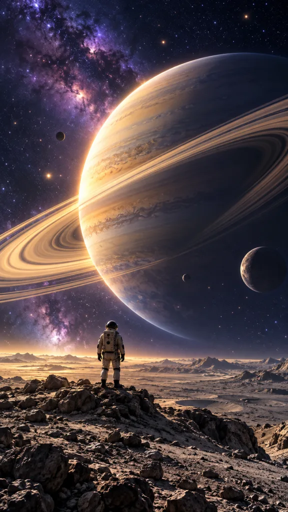 Science fiction faceless reels concept: an astronaut beneath a ringed planet